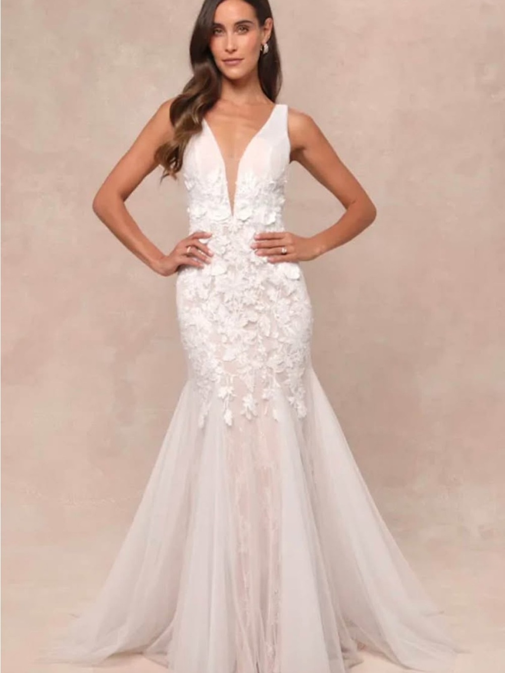 Lulu's White Floral Appliqué Mermaid Wedding Gown